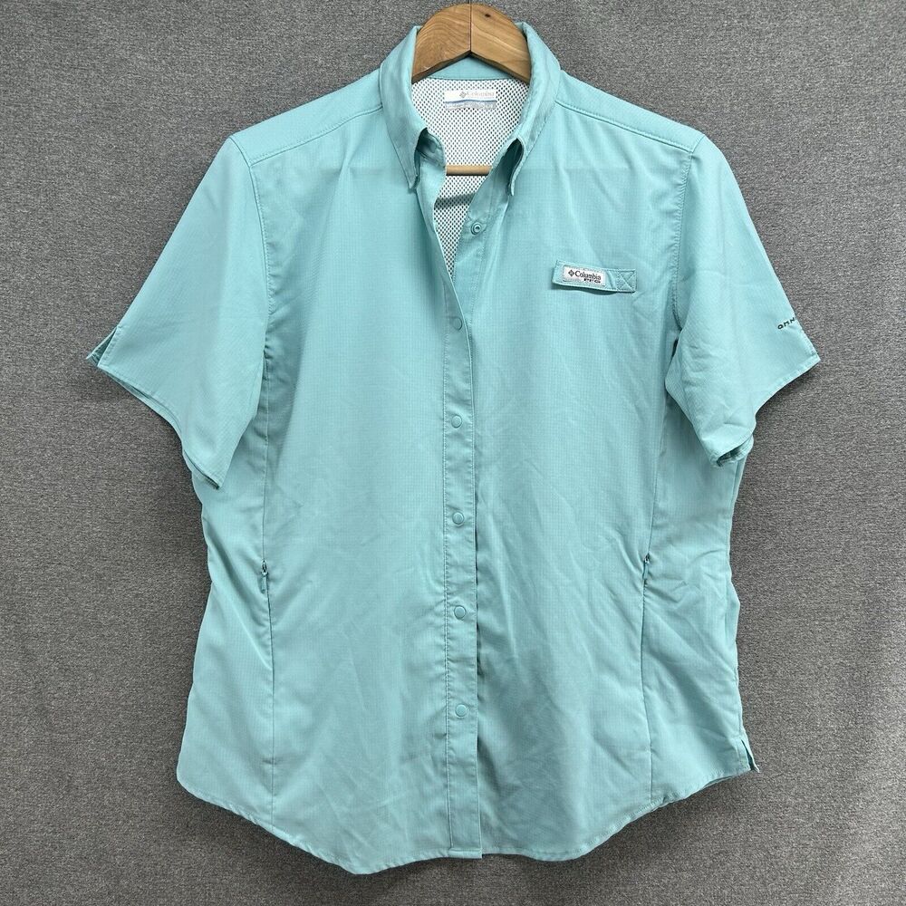 Columbia PFG Fishing Shirt Mens L Teal Short Sleeve Snap Front Vented Breathable